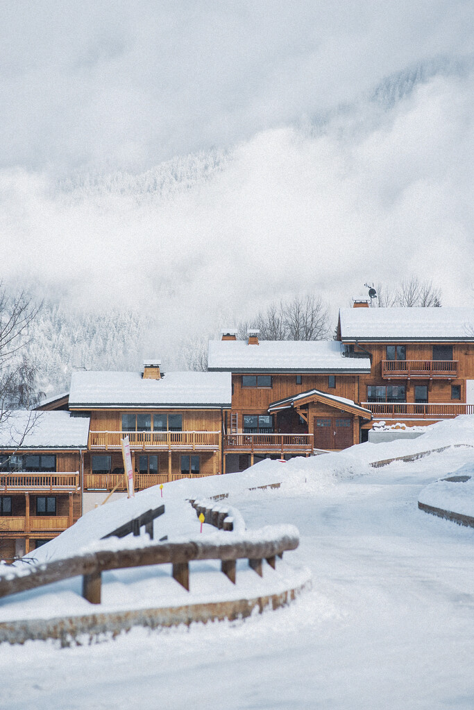 Snow-capped ski chalets at Courchevel in Les 3 Vallées