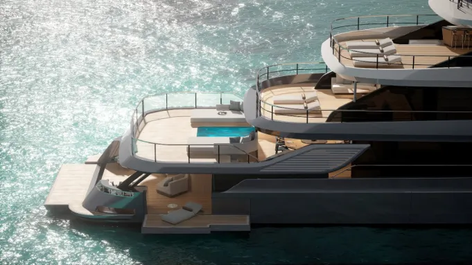 A luxury yacht in with four tiered decks.