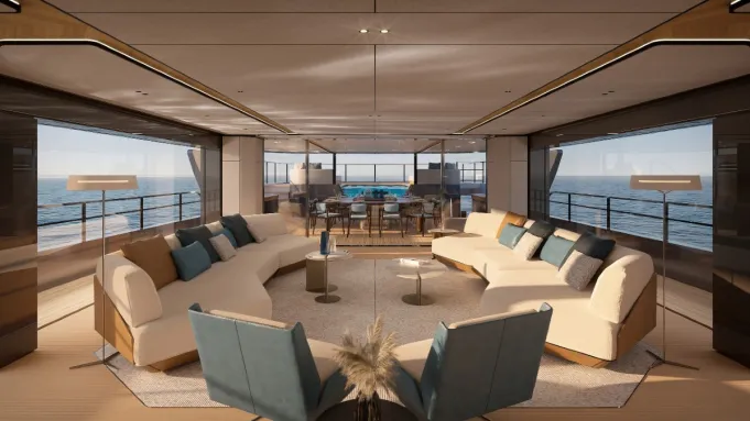 Interior of a luxury yacht, with a spacious living area.