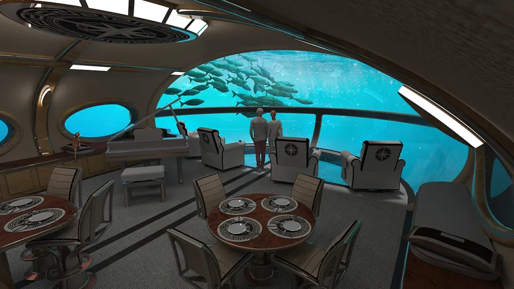 Computer rendering of a panoramic observation salon inside a submarine, with dining tables, a grand piano, and armchairs.
