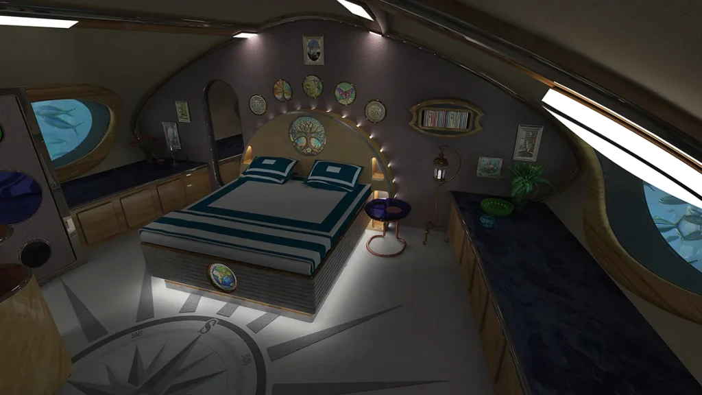 Computer rendering of a suite inside a submarine concept, showing a bed and cabinets.