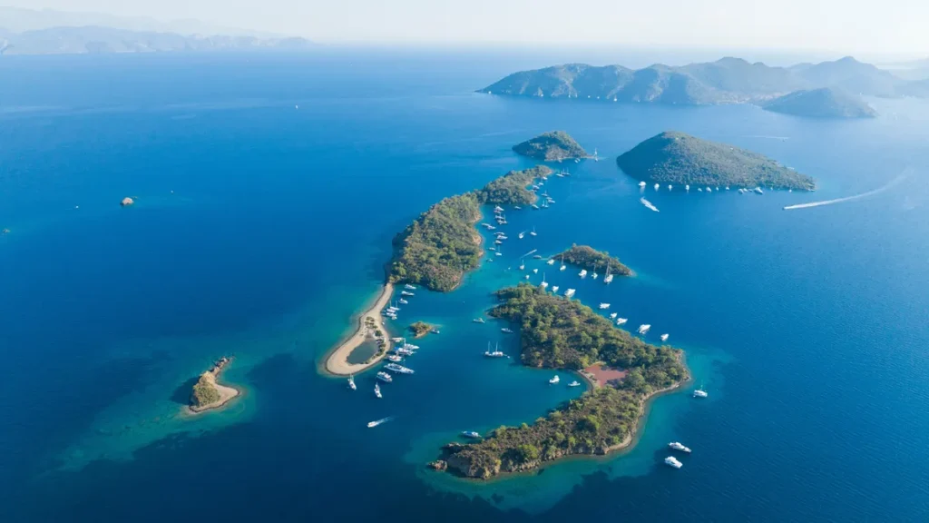 A bird’s-eye view of a cluster of islands in Turkey.