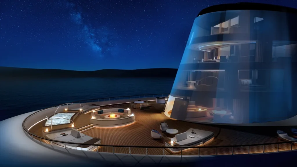 Rendering of the top of a luxury cruise ship, with a multi-storey suite located inside the ship funnel.