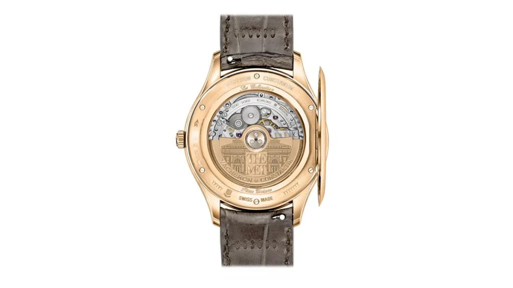 The oscillating weight of the watch movement features a special engraving of the Met.