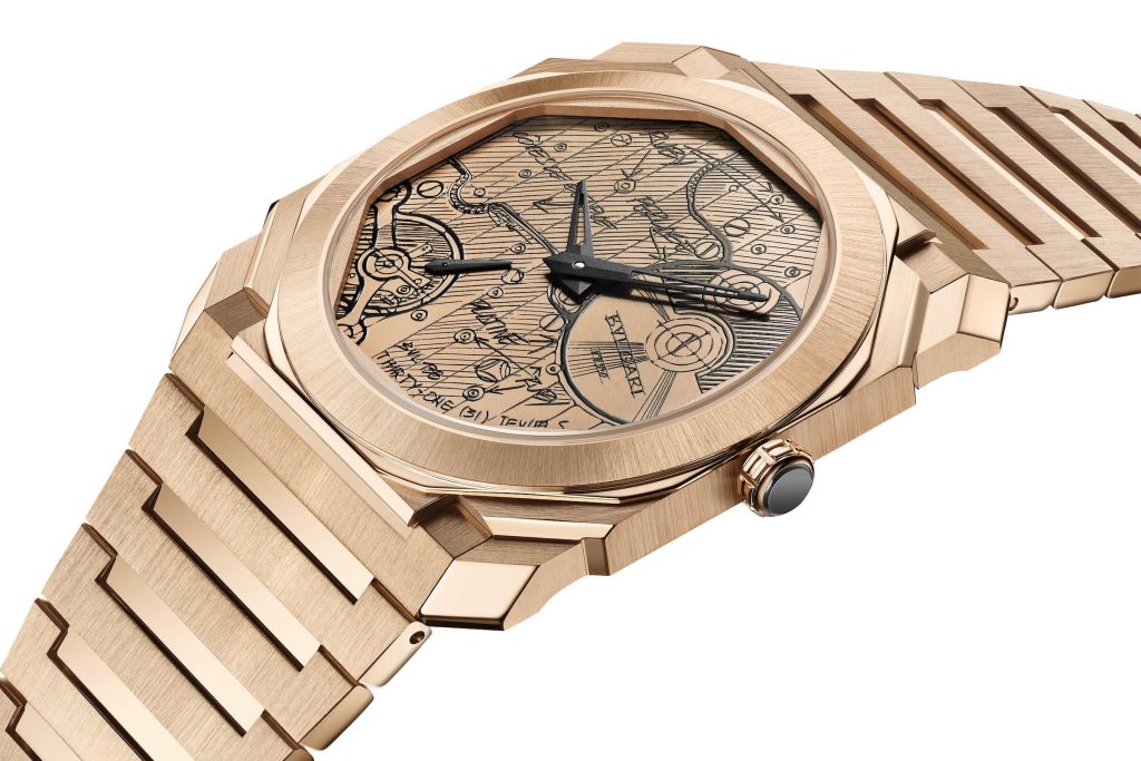 Polished rose-gold Octo Finissimo Automatic Sketch watch by Bulgari featuring a sketched illustration design.
