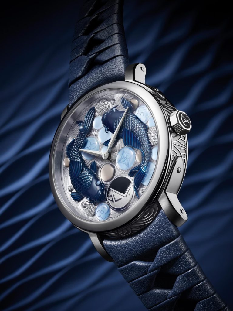 Louis Vuitton watch featuring a design of two blue koi fish swimming among precious gems.