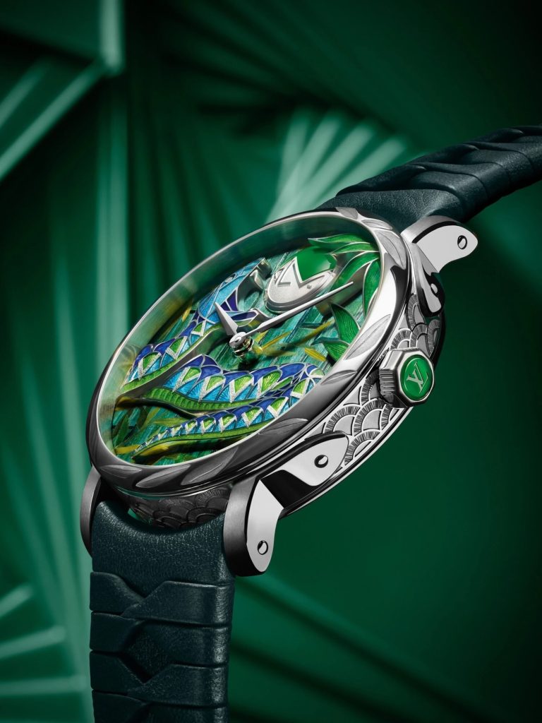 Louis Vuitton watch featuring a snake made of enamel against a stylised bamboo forest background.