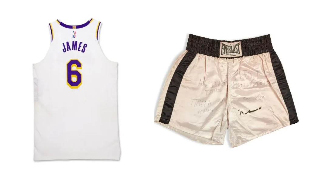 A white Lebron James jersey and a pair of signed shorts worn by Muhammed Ali.