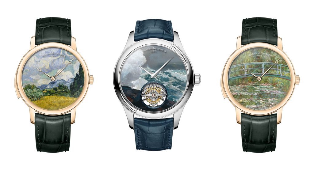 A trio of Vacheron Constantin luxury watches with dials featuring painted reproductions of art by Vincent van Gogh, Winslow Homer, and Claude Monet.
