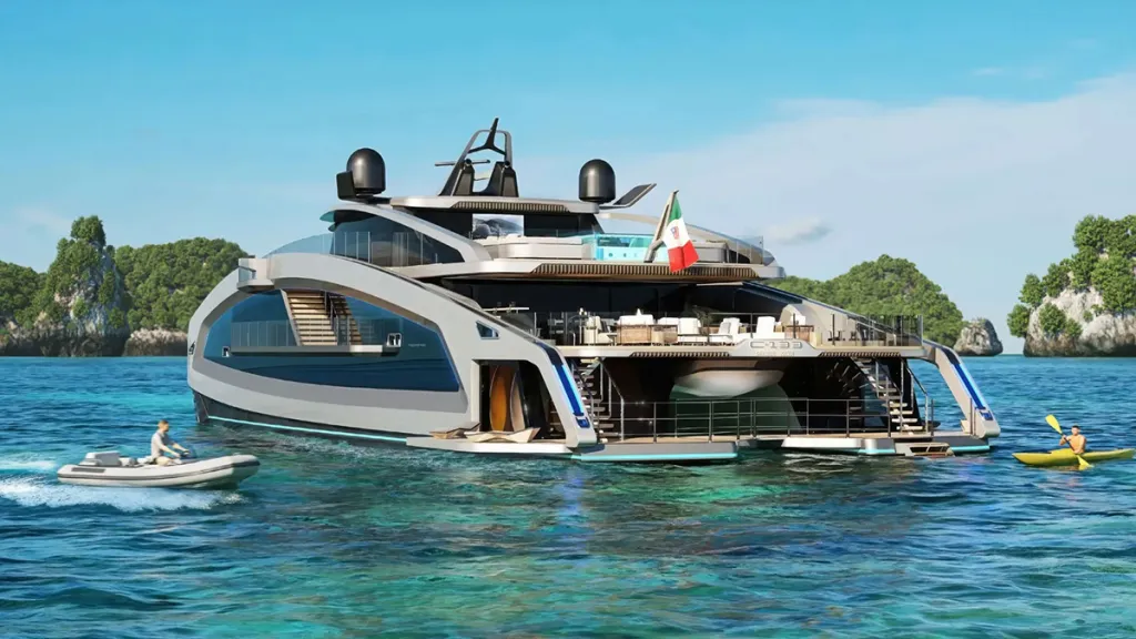 Rendering of a luxury catamaran with see-through hulls on water, with a swimming platform.