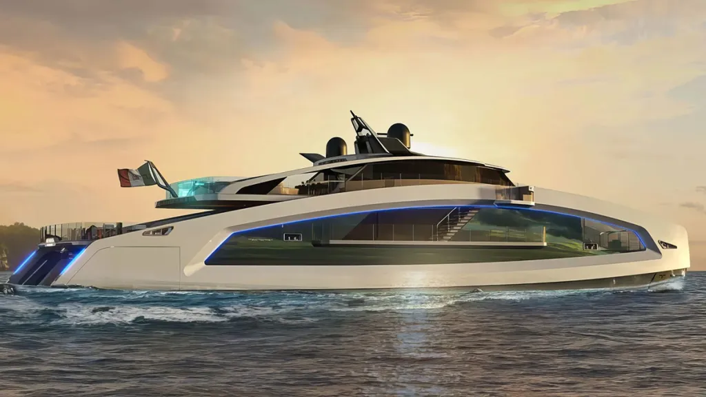 Rendering of the side of a luxury catamaran, showing see-through hulls.